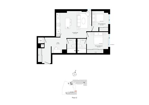 Floor plan for 2 beds, 2 baths, 894 sqft